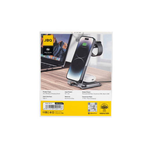 JBQ 3-in-1 Wireless Charging Station – Multi-Device Charger for Phone, Earbuds, and Watch WIC-01