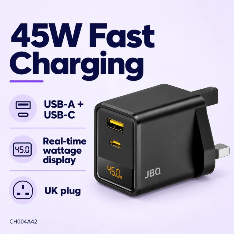 JBQ Fortinova 45W USB-C charger features: USB-A and USB-C ports with wattage display