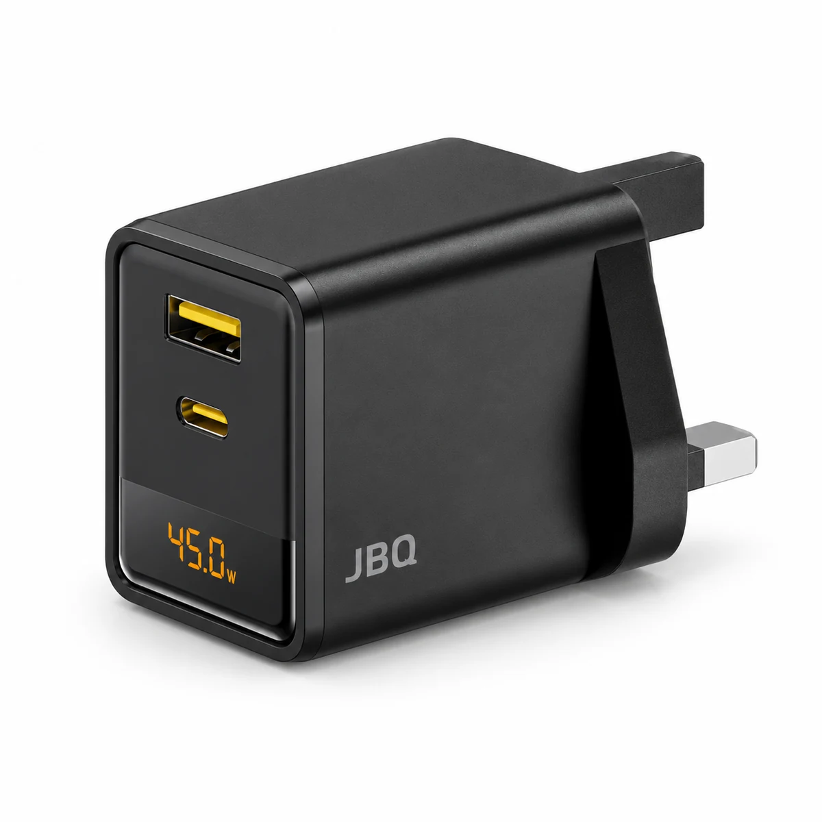 ch004a42-hero JBQ Fortinova 45W USB-C Charger with Wattage Display in black with UK plug, USB-A and USB-C ports