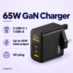 JBQ 65W GaN charger feature card showing three ports and UK plug