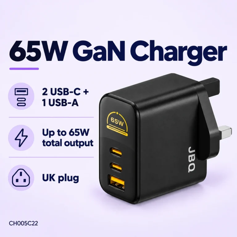 JBQ 65W GaN charger feature card showing three ports and UK plug