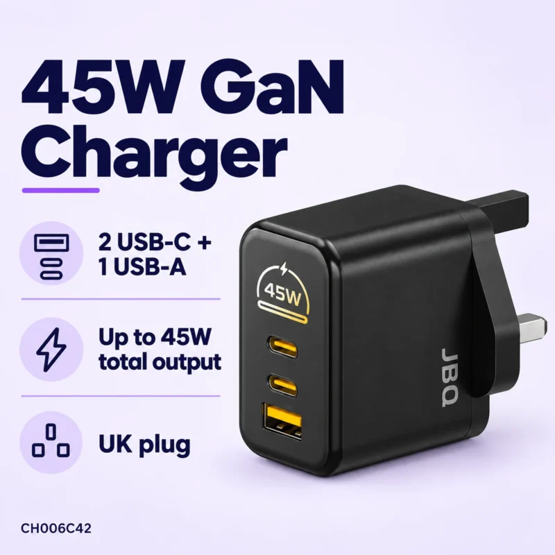 JBQ 45W GaN charger feature card showing three charging ports and UK plug