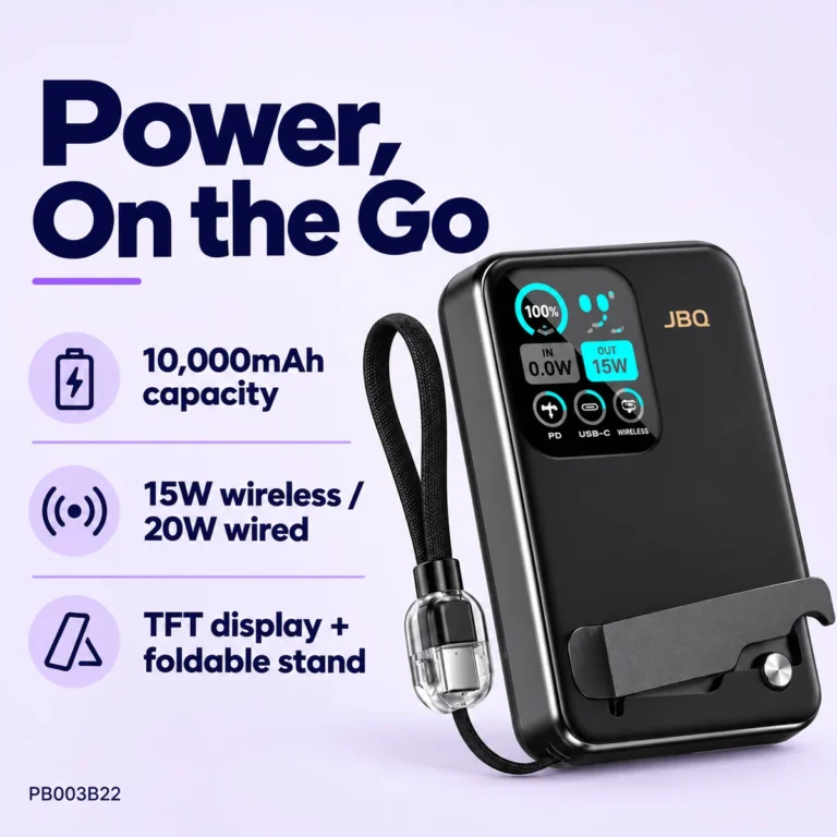 JBQ 10000mAh magnetic power bank feature card with TFT display, stand and detachable USB-C cable