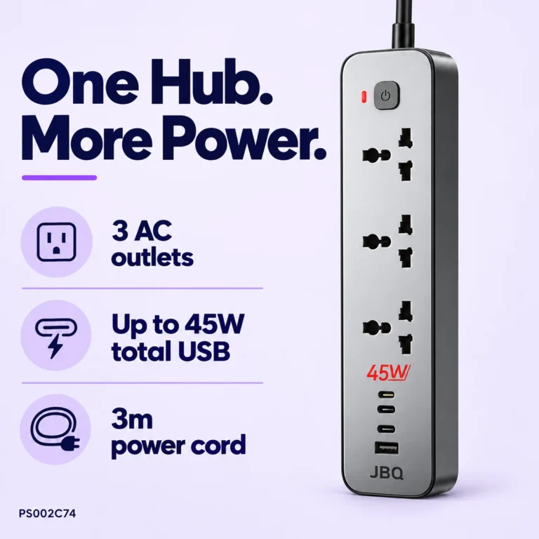 JBQ 7-in-1 power strip feature card with 45W USB output and 3m cord